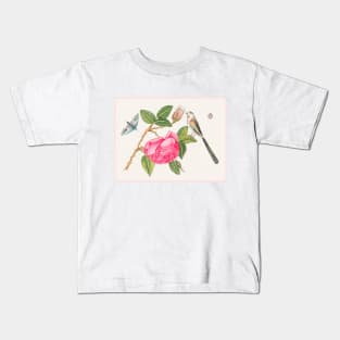 Small Black and White Bird on Rose Leaf with Blossoms and Butterflies (18th Century) Kids T-Shirt